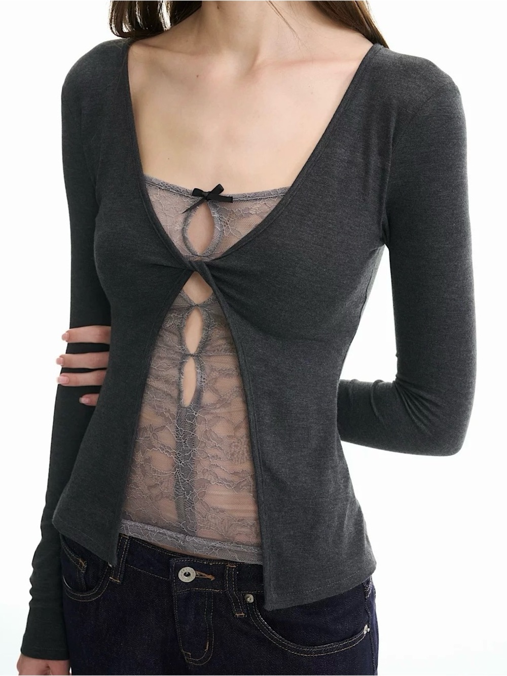 Charcoal Gray Lace-Accent Long Sleeve Top